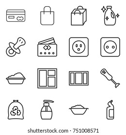 thin line icon set : card, shopping bag, cleanser, nipple, credit, power socket, washing, window, blender, garbage, liquid soap, foam basin, toilet