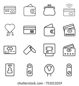 thin line icon set : card, wallet, purse, tap to pay, cardio chip, credit, label, atm, identity, do not distrub, sheep