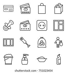 thin line icon set : card, credit, shopping bag, nipple, power socket, window, blender, garbage, trash, foam bucket, liquid soap, basin, toilet cleanser