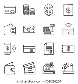thin line icon set : card, coin stack, dollar, receipt, wallet, money, cashbox, tap to pay, phone, credit, account balance