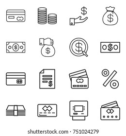 thin line icon set : card, coin stack, investment, money bag, gift, dollar arrow, credit, account balance, percent, atm