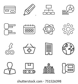 thin line icon set : card, marker, hierarchy, diagram, calendar, atom, round around, infinity power, add to basket, skyscraper, globe, client, transporter tape, hotel, intercome