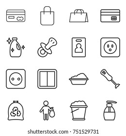 thin line icon set : card, shopping bag, credit, cleanser, nipple, identity, power socket, switch, washing, blender, garbage, trash, foam bucket, liquid soap