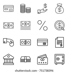 thin line icon set : card, coin stack, investment, money bag, percent, dollar arrow, hand, credit, account balance, library, safe