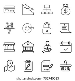 thin line icon set : card, crisis, hierarchy, money bag, 24 7, cell corection, lock, shopping list, market, library, client, terms, map, clipboard pen, inventory, basket
