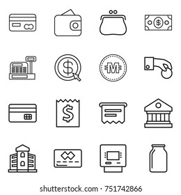 thin line icon set : card, wallet, purse, money, cashbox, dollar arrow, crypto currency, hand coin, credit, receipt, atm, library, building, bank