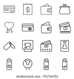 thin line icon set : card, receipt, wallet, purse, cardio chip, credit, label, atm, identity, do not distrub, sheep, please clean