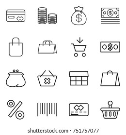 thin line icon set : card, coin stack, money bag, shopping, add to cart, purse, delete, market, percent, bar code, credit, basket
