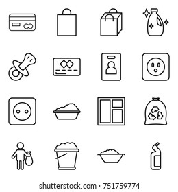 thin line icon set : card, shopping bag, cleanser, nipple, credit, identity, power socket, washing, window, garbage, trash, foam bucket, basin, toilet