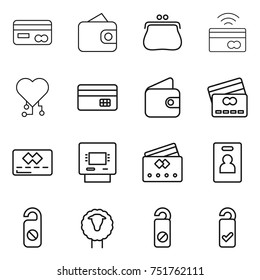 thin line icon set : card, wallet, purse, tap to pay, cardio chip, credit, atm, identity, do not distrub, sheep, please clean