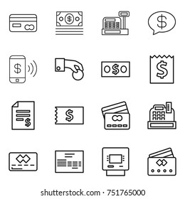thin line icon set : card, money, cashbox, message, phone pay, hand coin, receipt, account balance, credit, invoice, atm