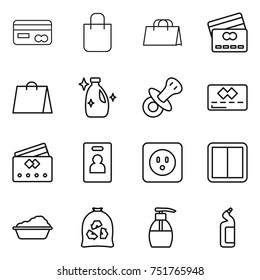 thin line icon set : card, shopping bag, credit, cleanser, nipple, identity, power socket, switch, washing, garbage, liquid soap, toilet
