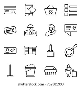 thin line icon set : card, touch, delete cart, list, ticket, mansion, real estate, location details, check in, wardrobe, scoop, pan, rake, foam bucket, brush, garbage bin