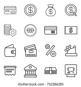 thin line icon set : card, dollar, money bag, arrow, virtual mining, crypto currency, credit, receipt, wallet, percent, cashbox, atm, library