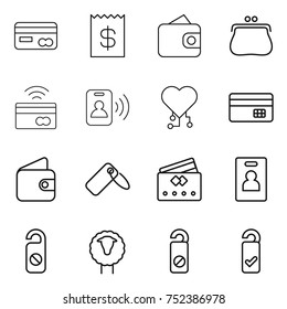 thin line icon set : card, receipt, wallet, purse, tap to pay, pass, cardio chip, credit, label, identity, do not distrub, sheep, please clean