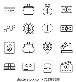 thin line icon set : card, purse, money bag, graph, dollar arrow, message, receipt, pin, cashbox, credit, atm