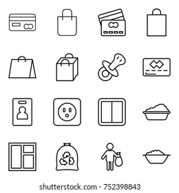 thin line icon set : card, shopping bag, credit, nipple, identity, power socket, switch, washing, window, garbage, trash, foam basin
