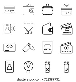 thin line icon set : card, wallet, purse, tap to pay, pass, cardio chip, credit, label, atm, identity, sheep, do not distrub, please clean