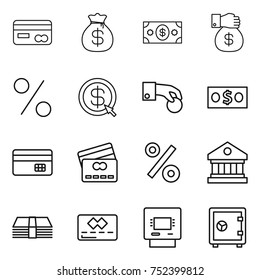 thin line icon set : card, money bag, gift, percent, dollar arrow, hand coin, credit, library, atm, safe