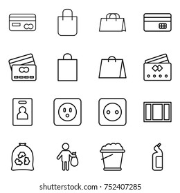 thin line icon set : card, shopping bag, credit, identity, power socket, window, garbage, trash, foam bucket, toilet cleanser