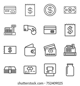 thin line icon set : card, receipt, dollar, money, cashbox, hand coin, credit, wallet, atm, bank