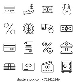 thin line icon set : card, investment, money, gift, percent, dollar arrow, hand coin, credit, account balance, library, safe