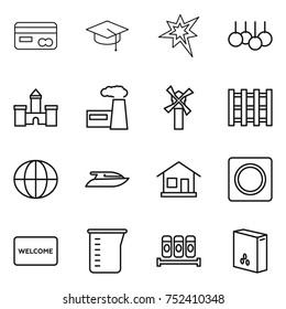 thin line icon set : card, graduate hat, bang, sale, castle, factory, windmill, pallet, globe, yacht, home, ring button, welcome mat, measuring cup, spices, cereals