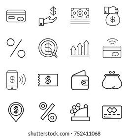 thin line icon set : card, investment, money, gift, percent, dollar arrow, graph up, tap to pay, phone, receipt, wallet, purse, pin, cashbox, credit