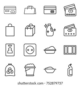 thin line icon set : card, shopping bag, credit, cleanser, identity, power socket, washing, window, garbage, foam bucket, basin, toilet