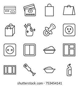 thin line icon set : card, credit, shopping bag, cleanser, nipple, power socket, switch, washing, window, blender, foam basin, toilet