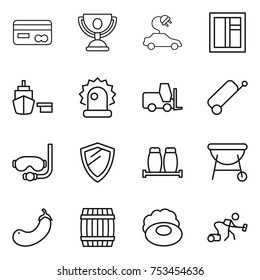 thin line icon set : card, trophy, electric car, window, port, alarm, fork loader, suitcase, diving mask, shield, salt pepper, bbq, eggplant, barrel, soap, vacuum cleaner