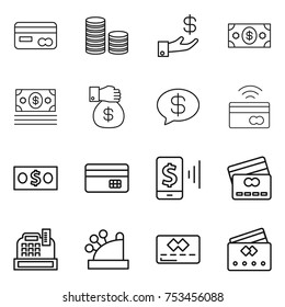 thin line icon set : card, coin stack, investment, money, gift, message, tap to pay, credit, mobile, cashbox