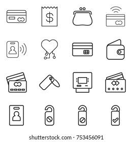 thin line icon set : card, receipt, purse, tap to pay, pass, cardio chip, credit, wallet, label, atm, identity, do not distrub, please clean