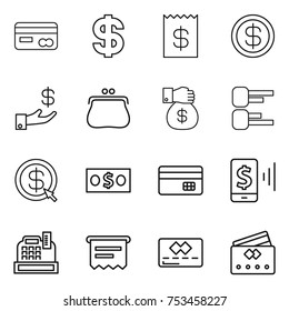 thin line icon set : card, dollar, receipt, investment, purse, money gift, diagram, arrow, credit, mobile pay, cashbox, atm
