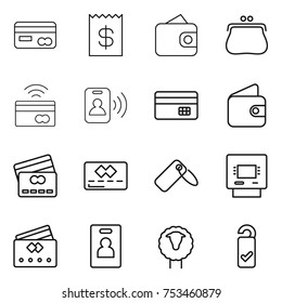 thin line icon set : card, receipt, wallet, purse, tap to pay, pass, credit, label, atm, identity, sheep, please clean