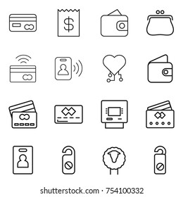 thin line icon set : card, receipt, wallet, purse, tap to pay, pass, cardio chip, credit, atm, identity, do not distrub, sheep