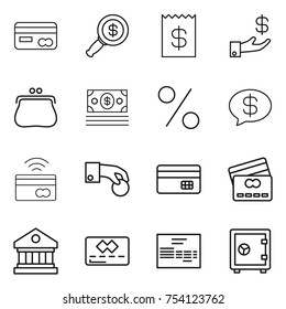 thin line icon set : card, dollar magnifier, receipt, investment, purse, money, percent, message, tap to pay, hand coin, credit, library, invoice, safe