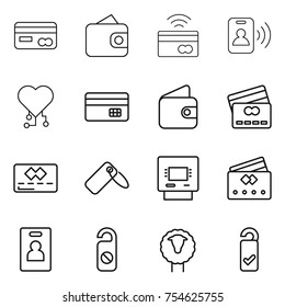 thin line icon set : card, wallet, tap to pay, pass, cardio chip, credit, label, atm, identity, do not distrub, sheep, please clean