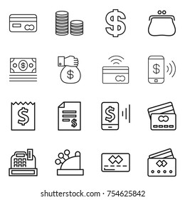 thin line icon set : card, coin stack, dollar, purse, money, gift, tap to pay, phone, receipt, account balance, mobile, credit, cashbox