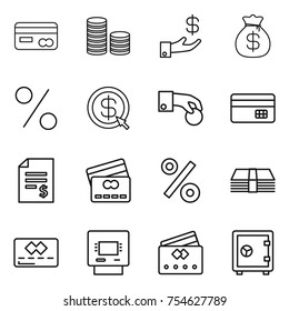 thin line icon set : card, coin stack, investment, money bag, percent, dollar arrow, hand, credit, account balance, atm, safe