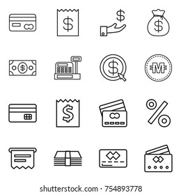 thin line icon set : card, receipt, investment, money bag, cashbox, dollar arrow, crypto currency, credit, percent, atm
