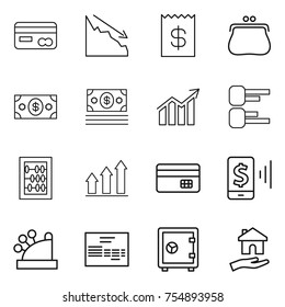 thin line icon set : card, crisis, receipt, purse, money, diagram, abacus, graph up, credit, mobile pay, cashbox, invoice, safe, housing