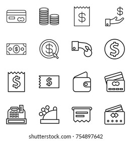 thin line icon set : card, coin stack, receipt, investment, money, dollar arrow, hand, wallet, credit, cashbox, atm