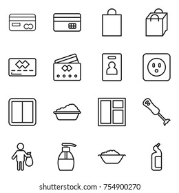 thin line icon set : card, credit, shopping bag, identity, power socket, switch, washing, window, blender, trash, liquid soap, foam basin, toilet cleanser