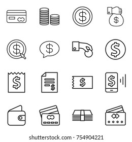 thin line icon set : card, coin stack, dollar, money gift, arrow, message, hand, receipt, account balance, mobile pay, wallet, credit