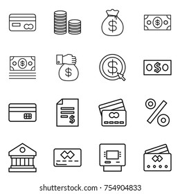 thin line icon set : card, coin stack, money bag, gift, dollar arrow, credit, account balance, percent, library, atm