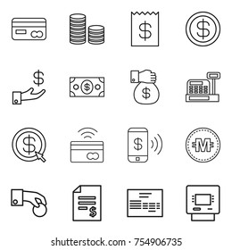 thin line icon set : card, coin stack, receipt, dollar, investment, money, gift, cashbox, arrow, tap to pay, phone, crypto currency, hand, account balance, invoice, atm