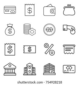 thin line icon set : card, receipt, wallet, purse, money bag, virtual mining, crypto currency, hand coin, percent, atm, library, building, office, credit