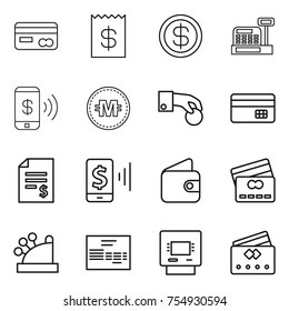 thin line icon set : card, receipt, dollar, cashbox, phone pay, crypto currency, hand coin, credit, account balance, mobile, wallet, invoice, atm