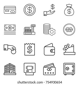 thin line icon set : card, dollar, investment, money bag, cashbox, virtual mining, crypto currency, hand coin, receipt, wallet, office, atm, credit, safe